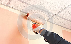 Â manual painting of a wall using a roller roller, repair concept,